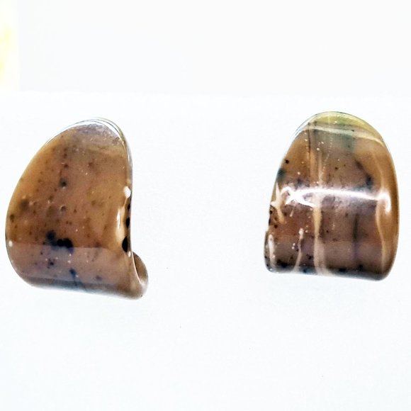 Vintage Brown Marbled Swirl Lucite Hoop Earrings Chunky Wide Half Hoop - Picture 1 of 6